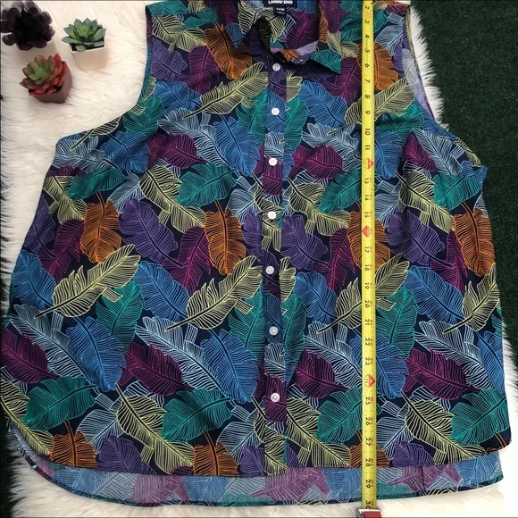 Lands End Deep Sea Navy Palm No Iron Top - Picture 8 of 12